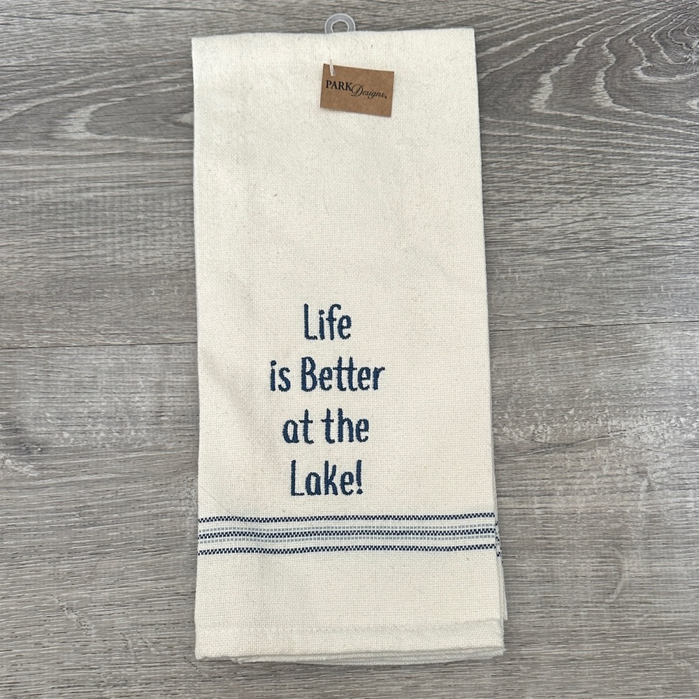 Park Designs Cream Kitchen Towel with Blue Text